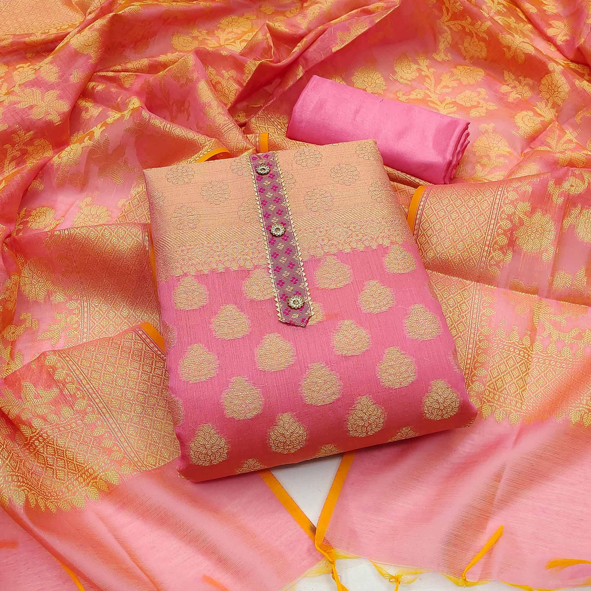 Pink Woven With Gota Patti Work Banarasi Silk Dress Material