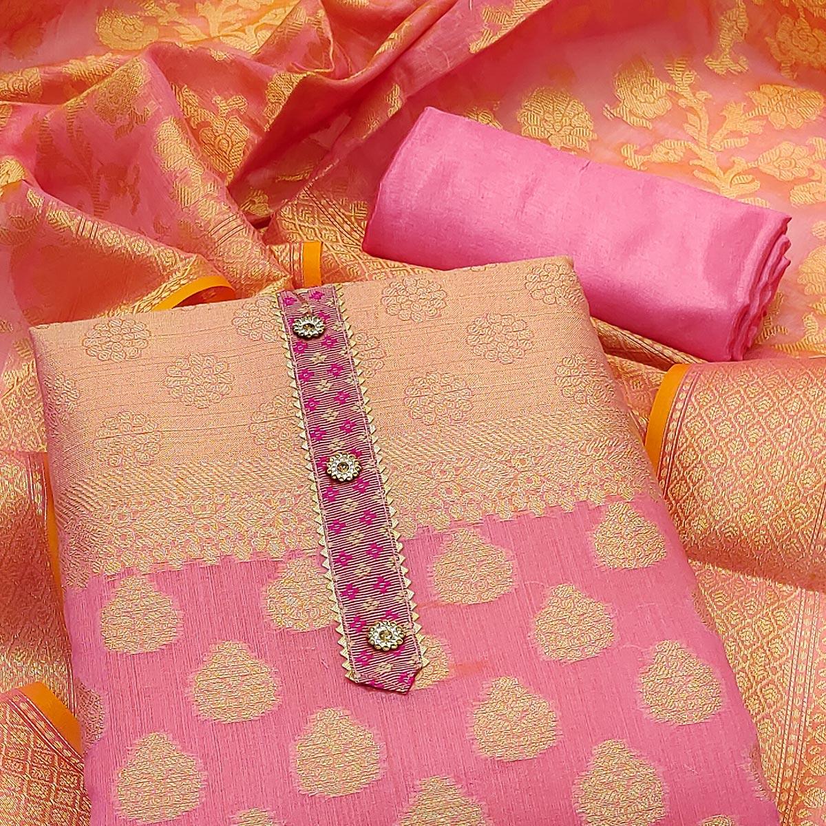Pink Woven With Gota Patti Work Banarasi Silk Dress Material
