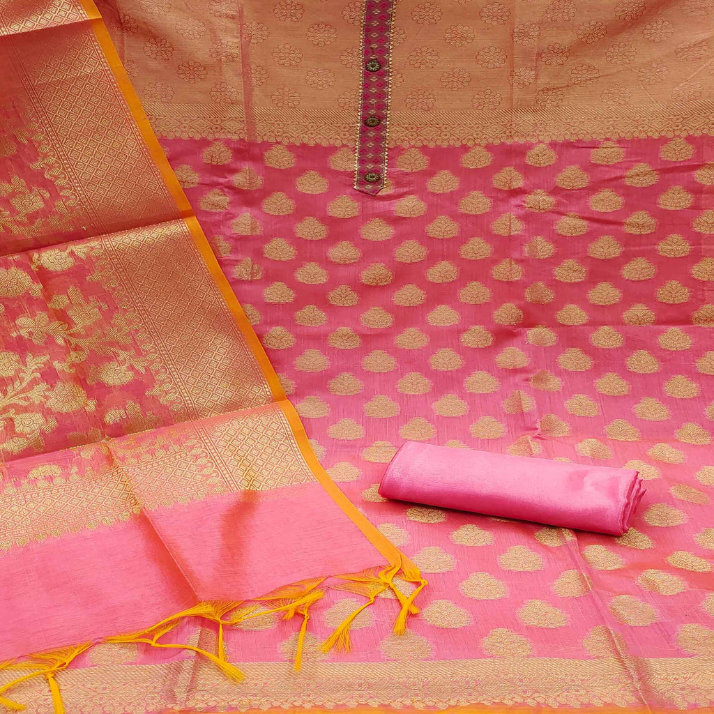 Pink Woven With Gota Patti Work Banarasi Silk Dress Material