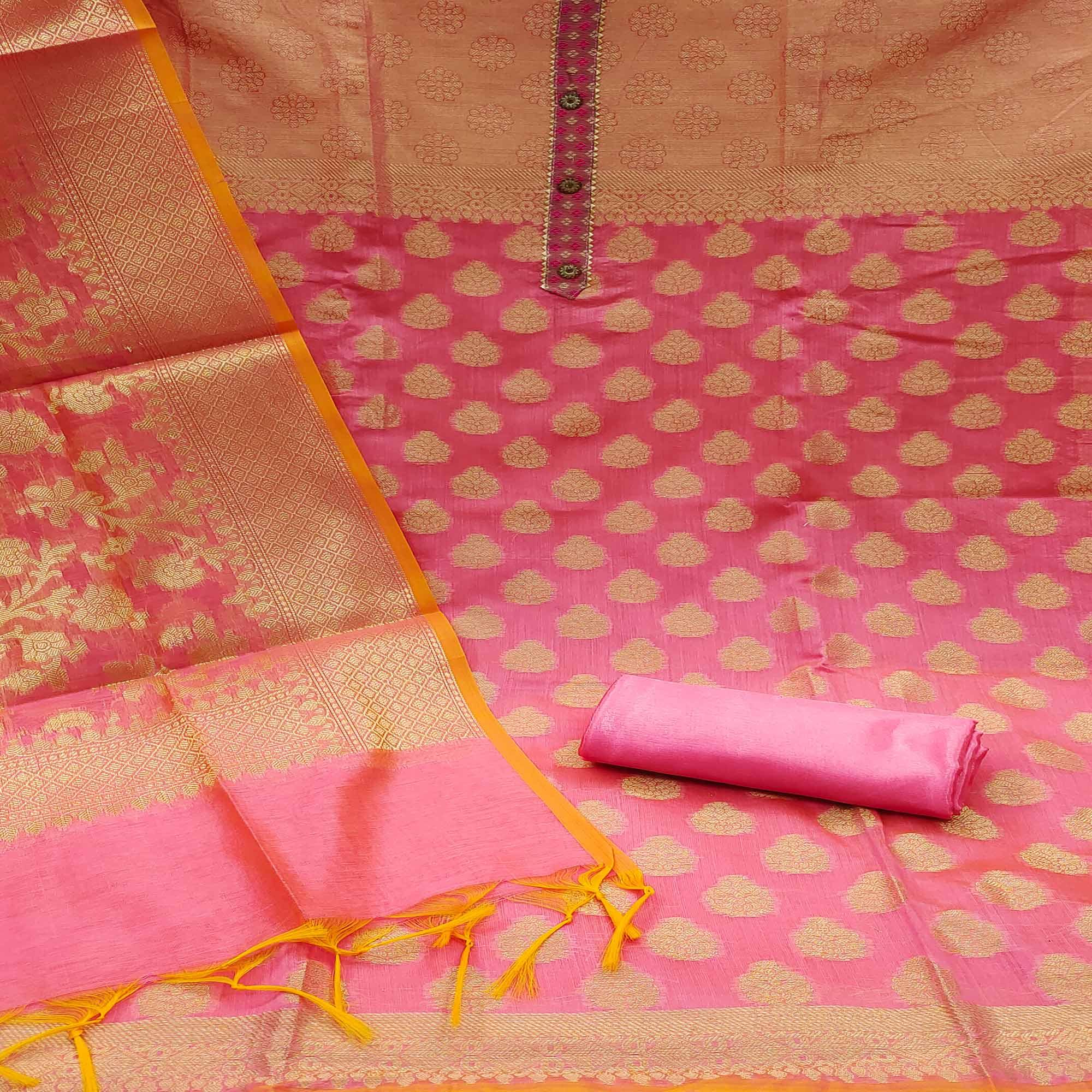 Pink Woven With Gota Patti Work Banarasi Silk Dress Material
