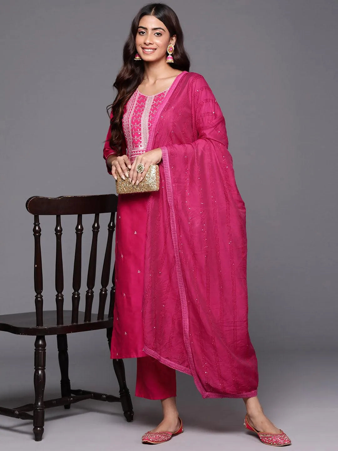 Pink Yoke Design Silk Blend Straight Suit With Dupatta