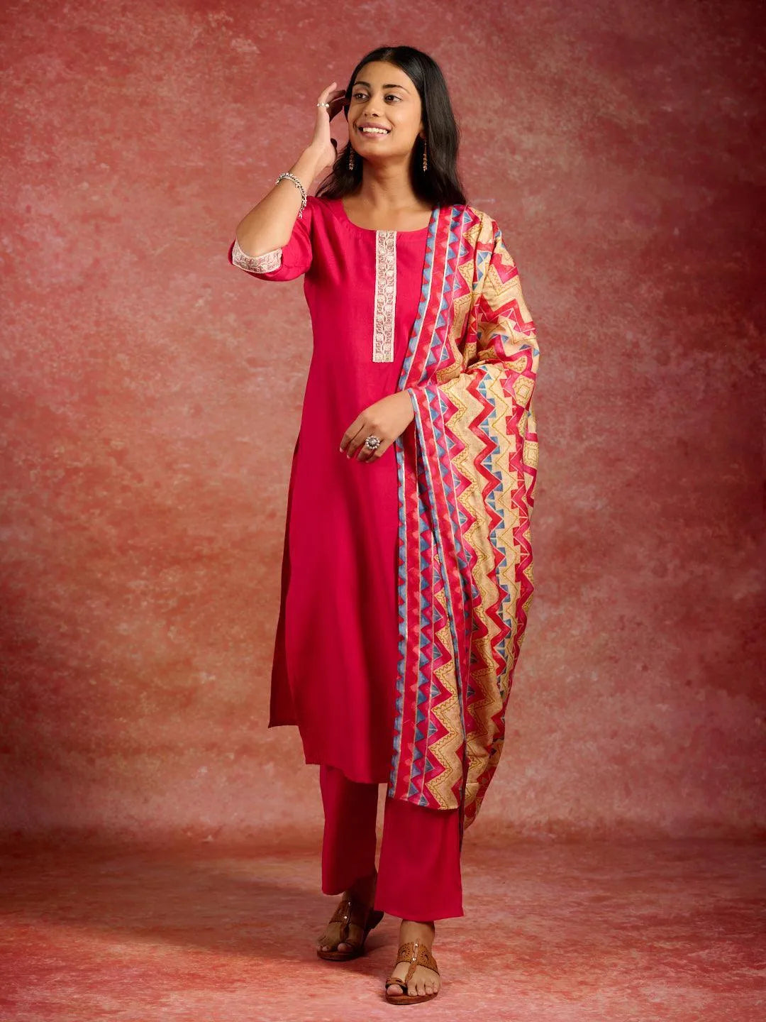Pink Yoke Design Silk Blend Straight Suit With Dupatta