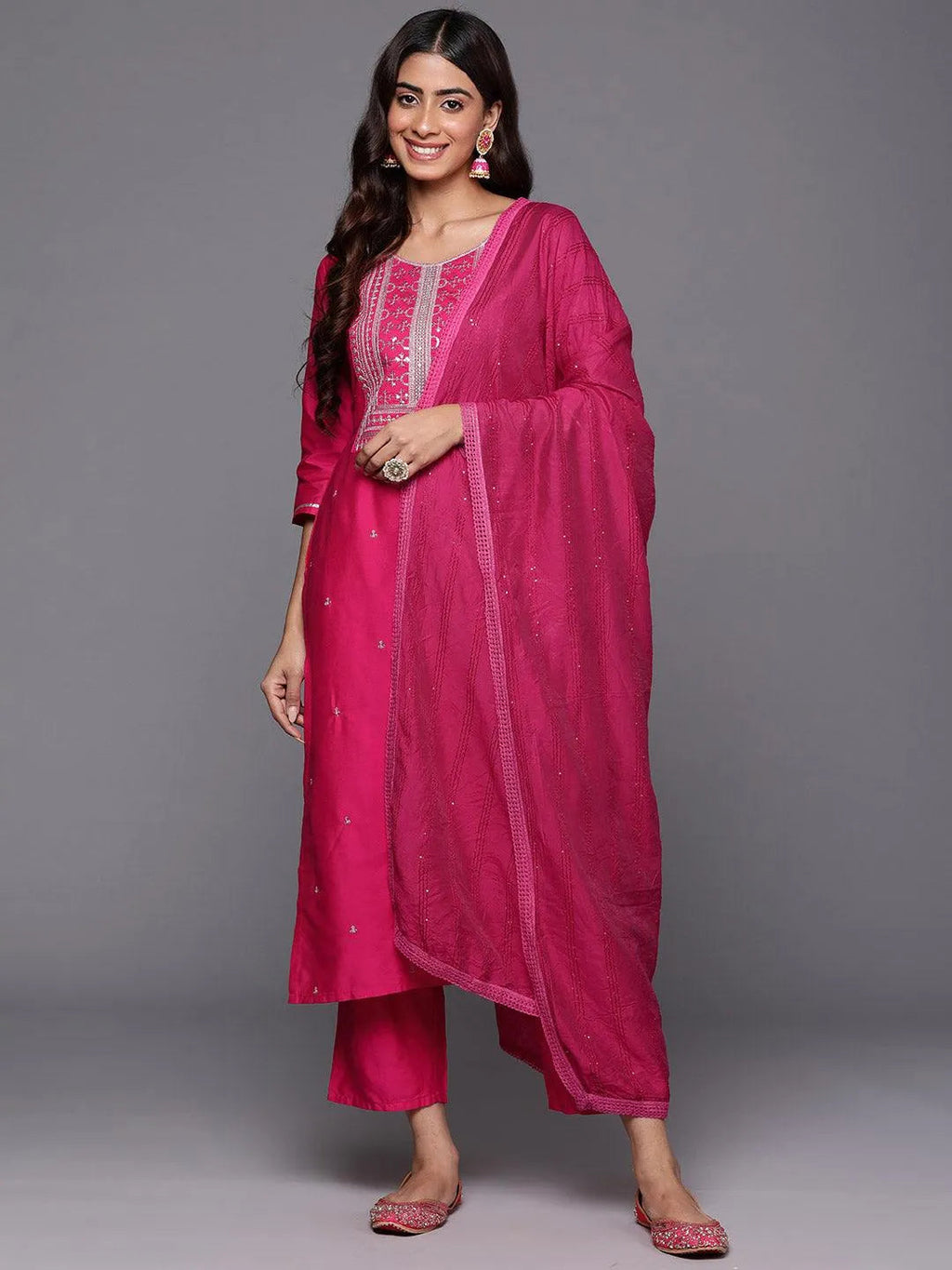 Pink Yoke Design Silk Blend Straight Suit With Dupatta