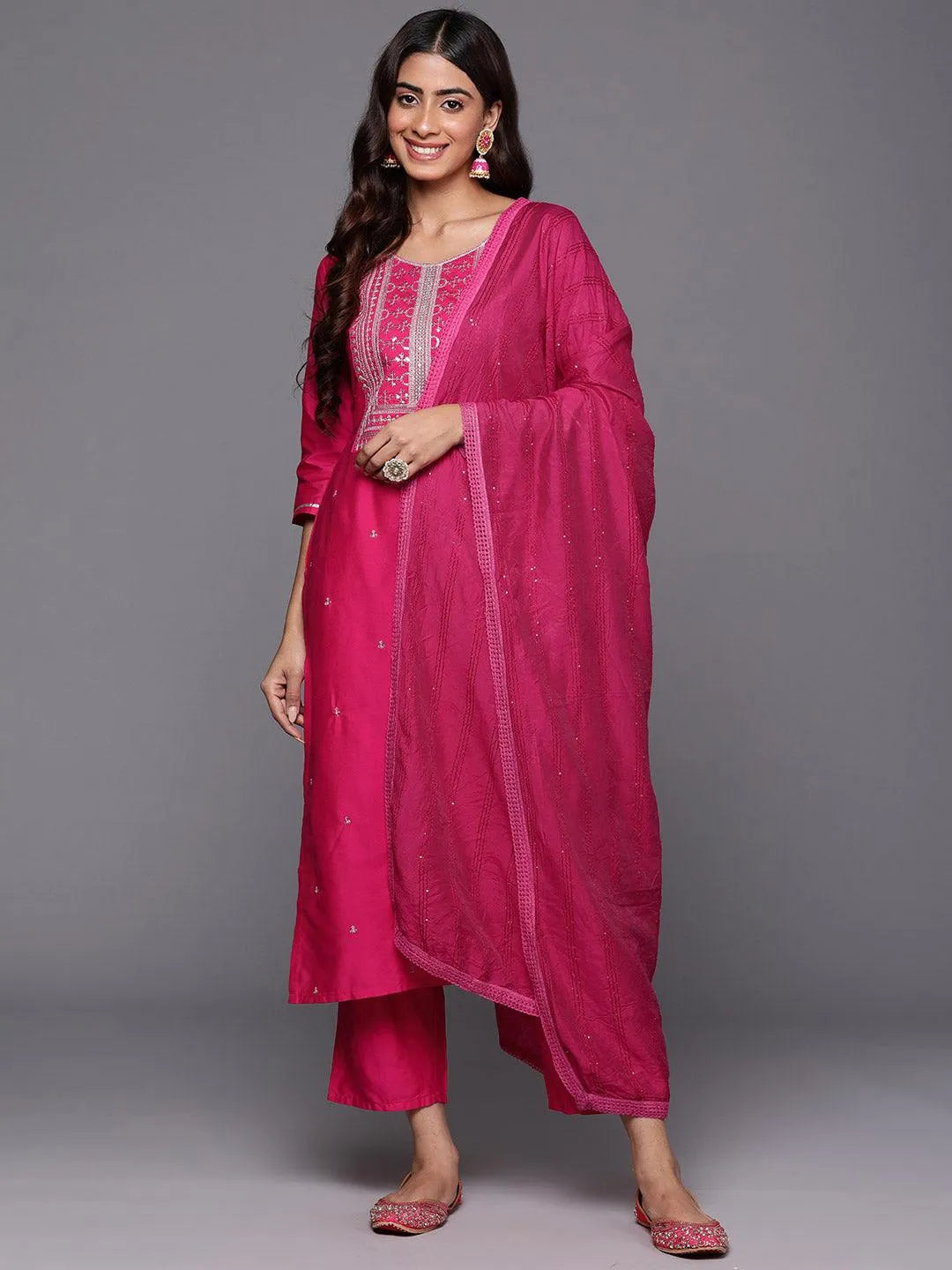 Pink Yoke Design Silk Blend Straight Suit With Dupatta