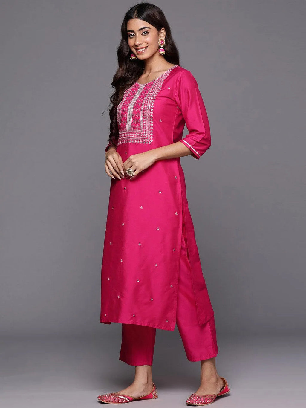 Pink Yoke Design Silk Blend Straight Suit With Dupatta
