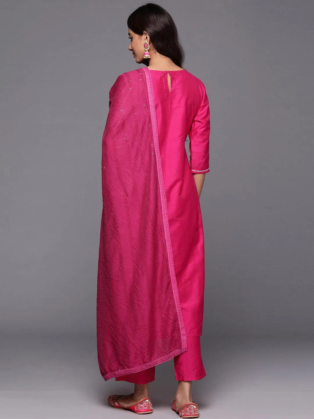 Pink Yoke Design Silk Blend Straight Suit With Dupatta