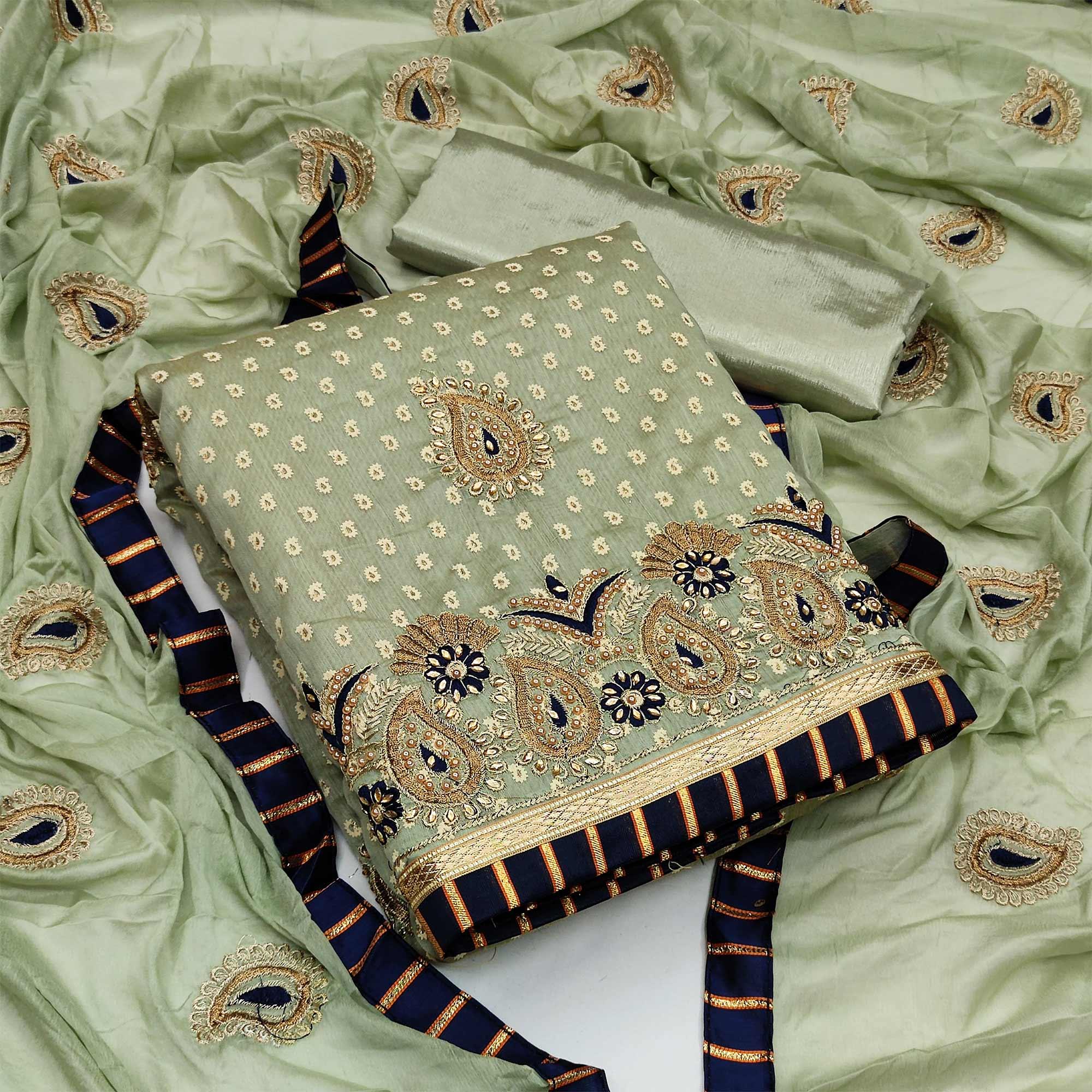 Pista Green Embroidered Fancy Fabric Dress Material