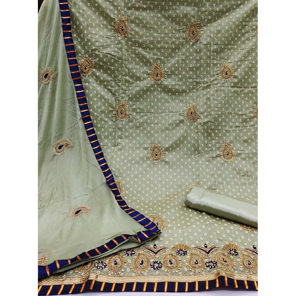Pista Green Embroidered Fancy Fabric Dress Material