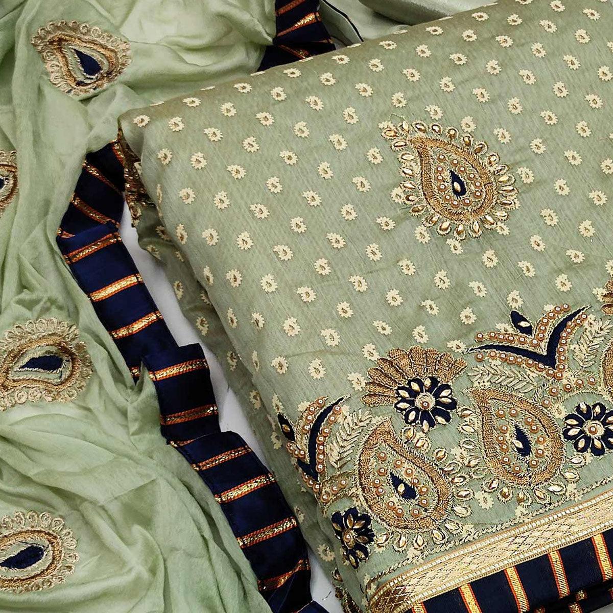 Pista Green Embroidered Fancy Fabric Dress Material