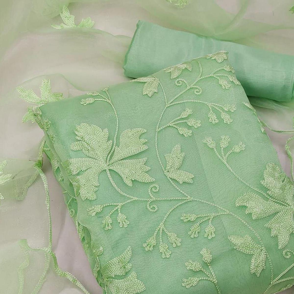Pista Green Embroidered Organza Dress Material