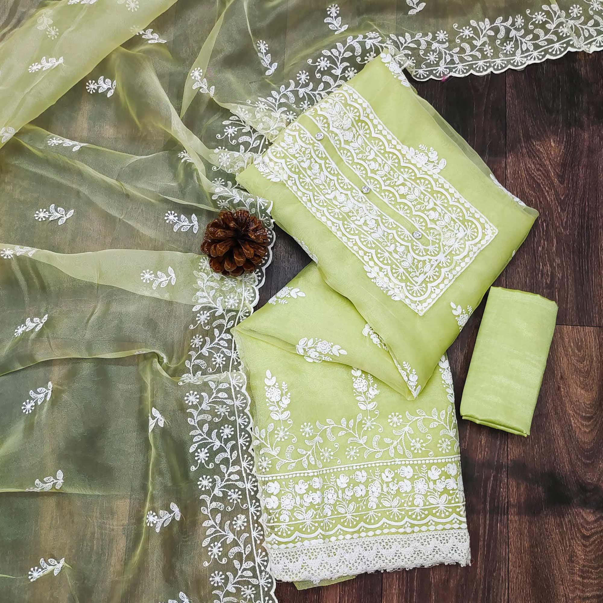 Pista Green Floral Embroidered Organza Dress Material