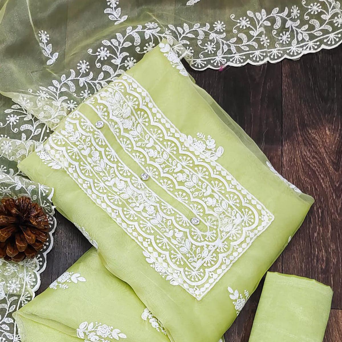 Pista Green Floral Embroidered Organza Dress Material