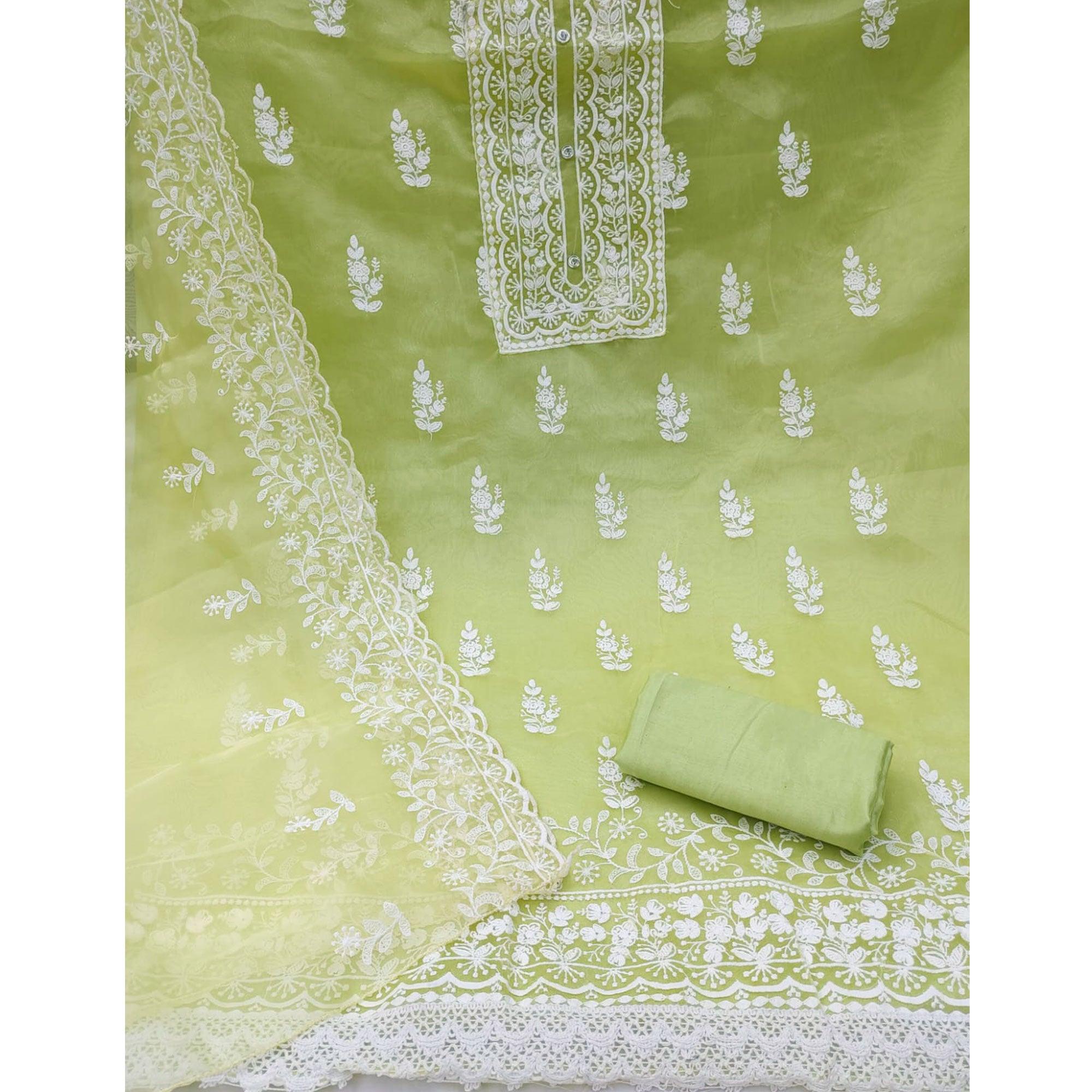 Pista Green Floral Embroidered Organza Dress Material