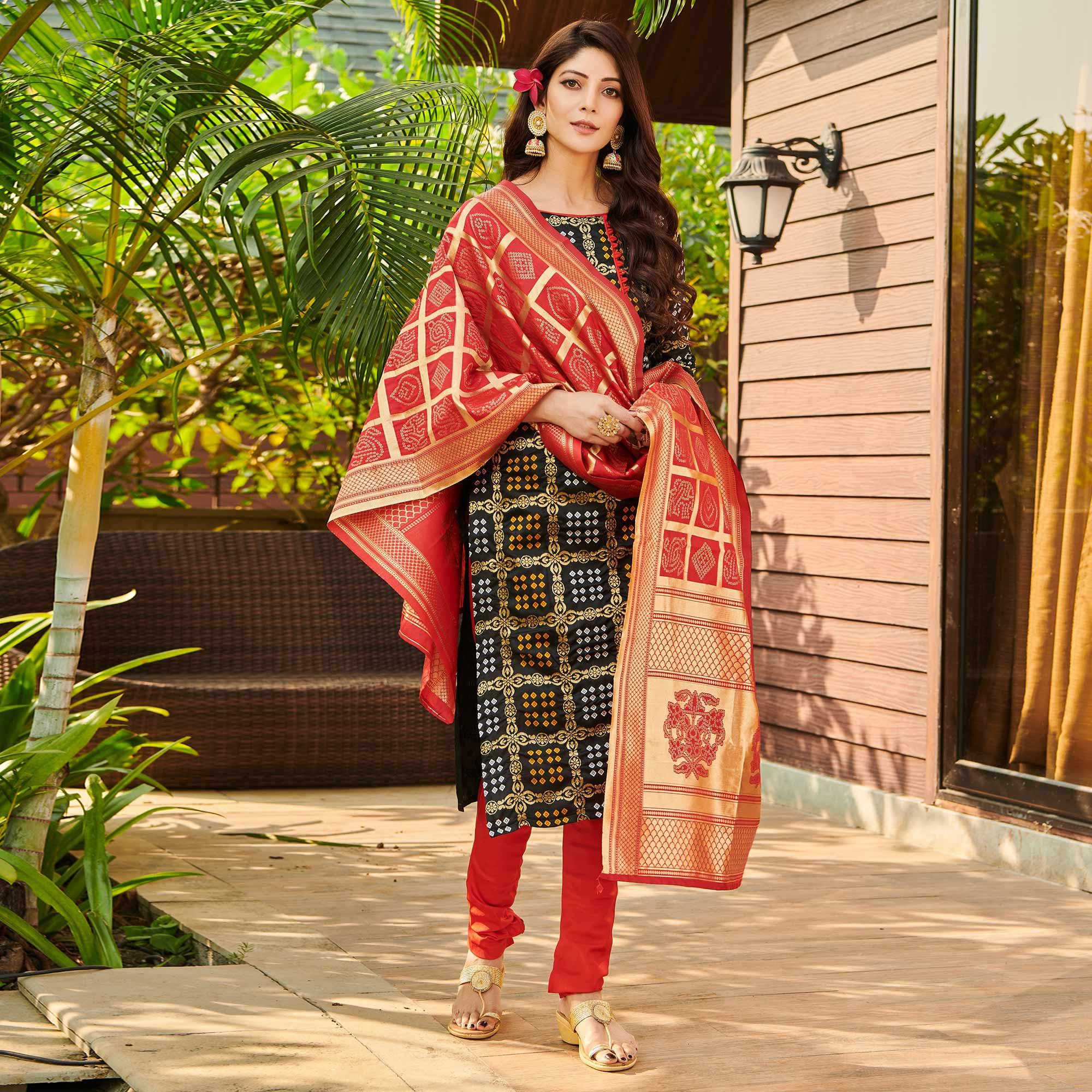 Pleasance Black Colored Casual Wear Woven Jacquard Silk Dress Material