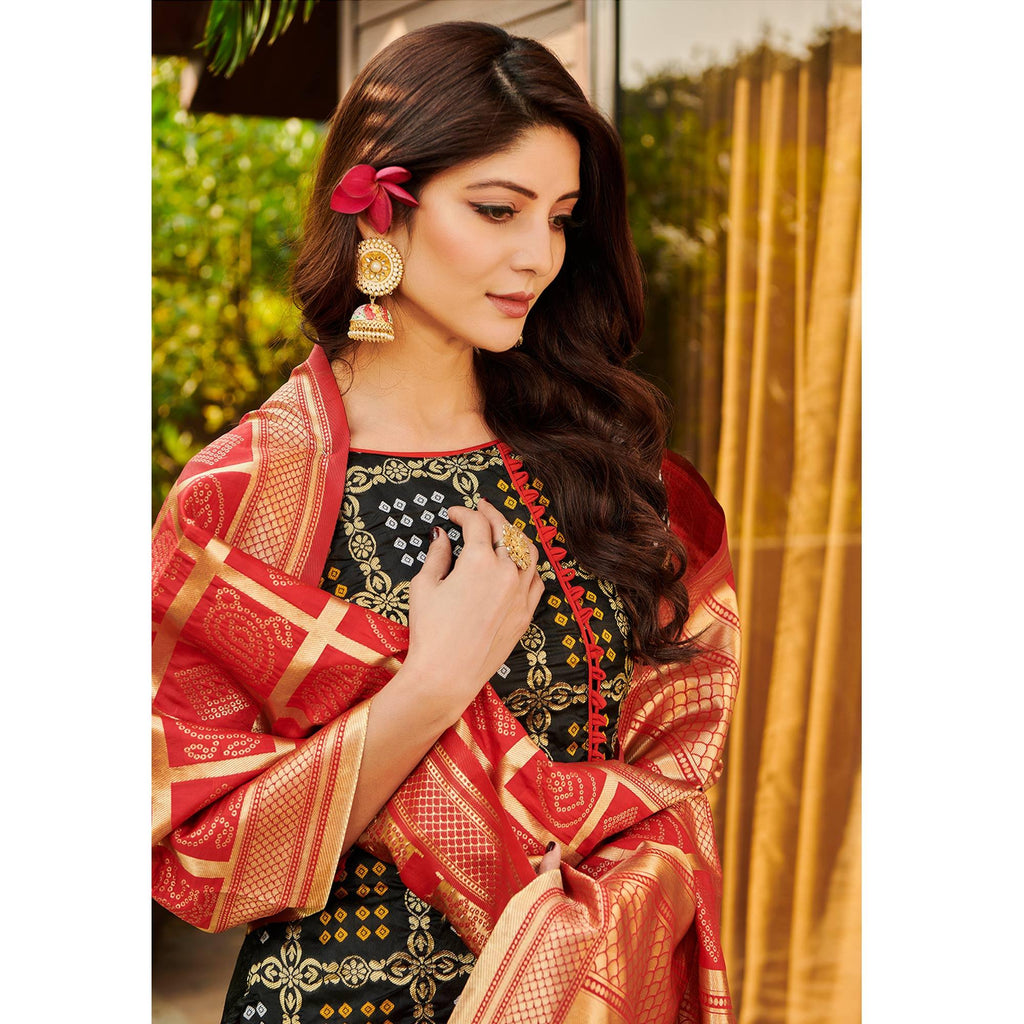 Pleasance Black Colored Casual Wear Woven Jacquard Silk Dress Material