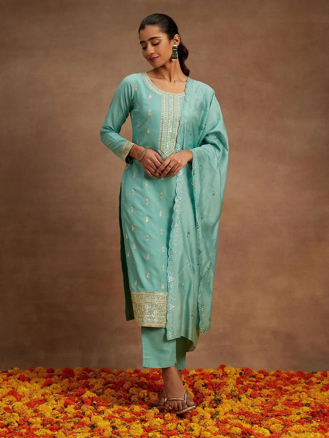 Green Embroidered Silk Straight Suit With Dupatta