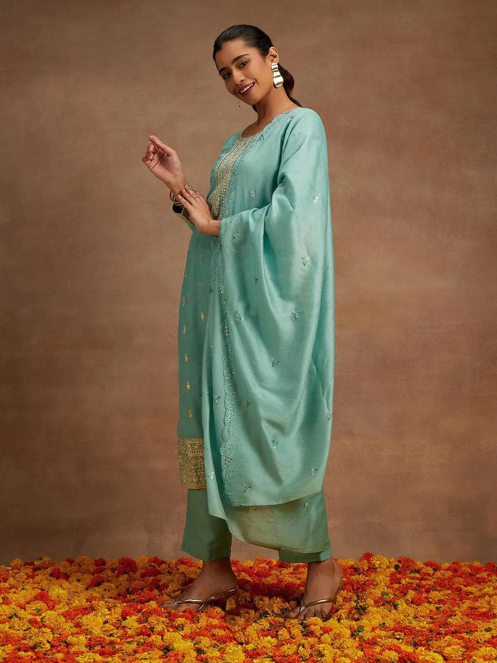 Green Embroidered Silk Straight Suit With Dupatta