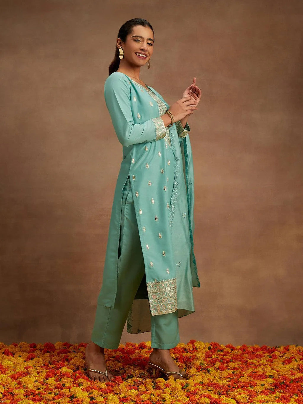 Green Embroidered Silk Straight Suit With Dupatta