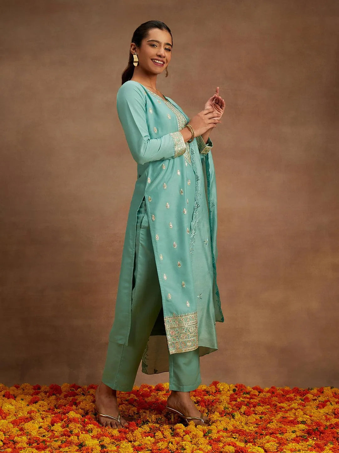 Green Embroidered Silk Straight Suit With Dupatta