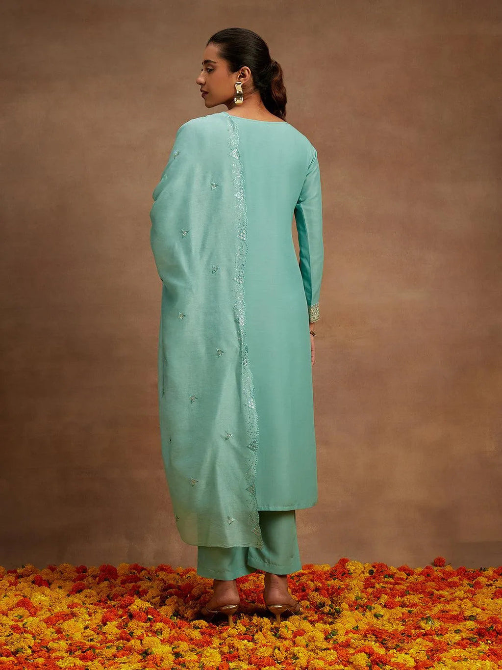 Green Embroidered Silk Straight Suit With Dupatta