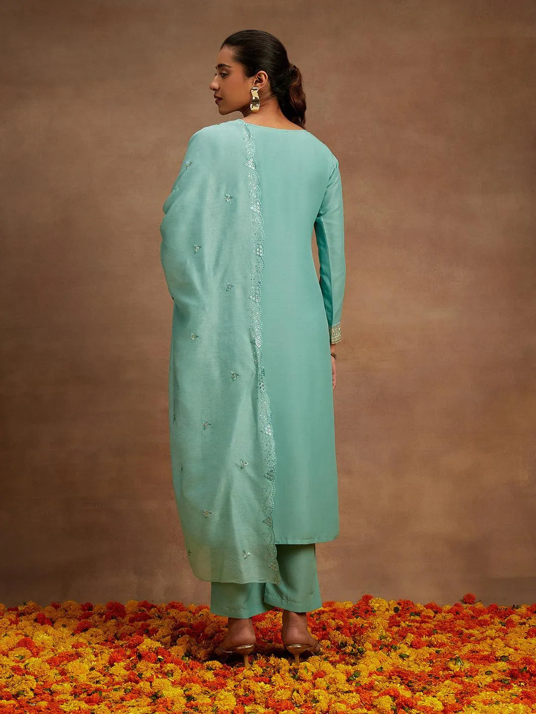 Green Embroidered Silk Straight Suit With Dupatta